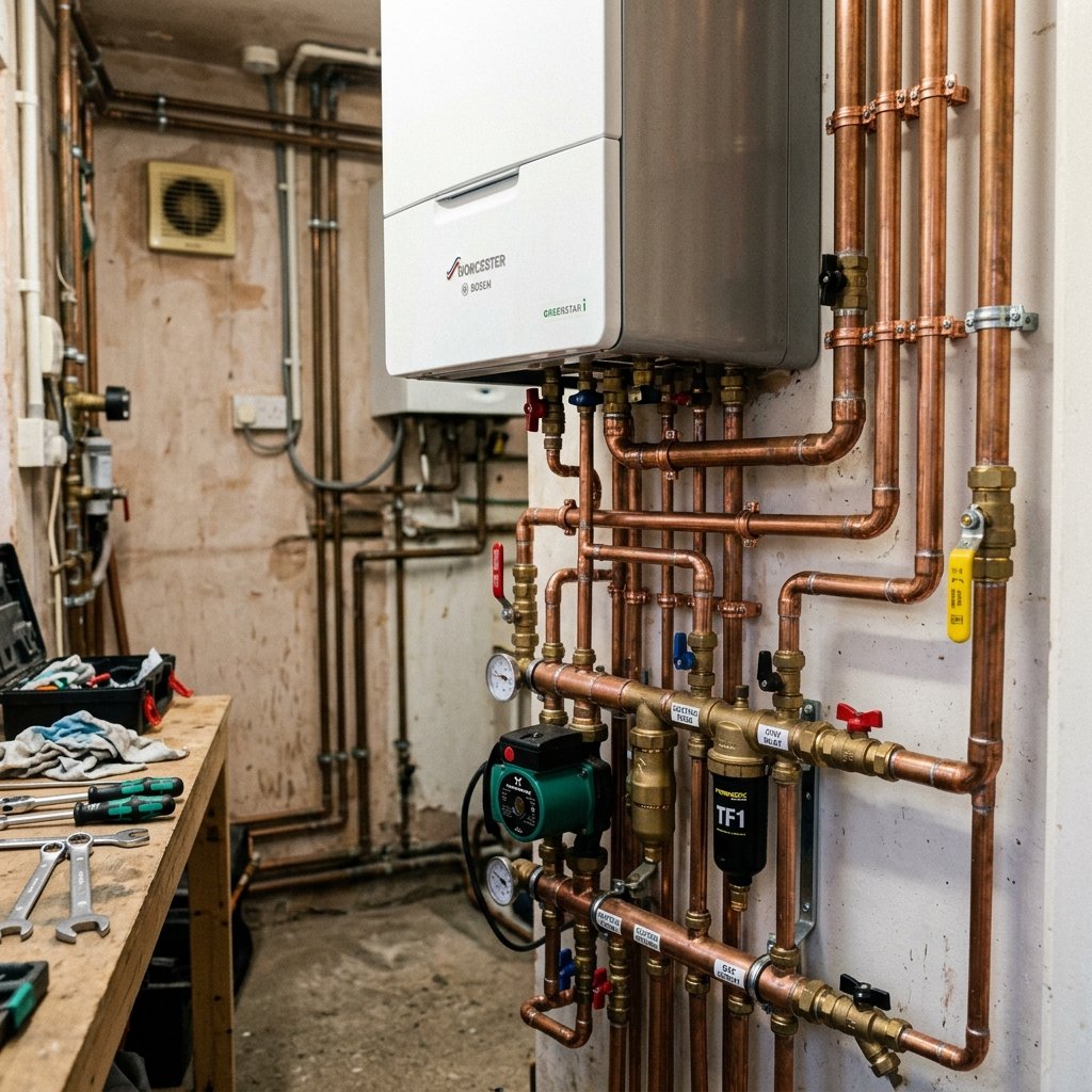 Neat copper boiler piping layout